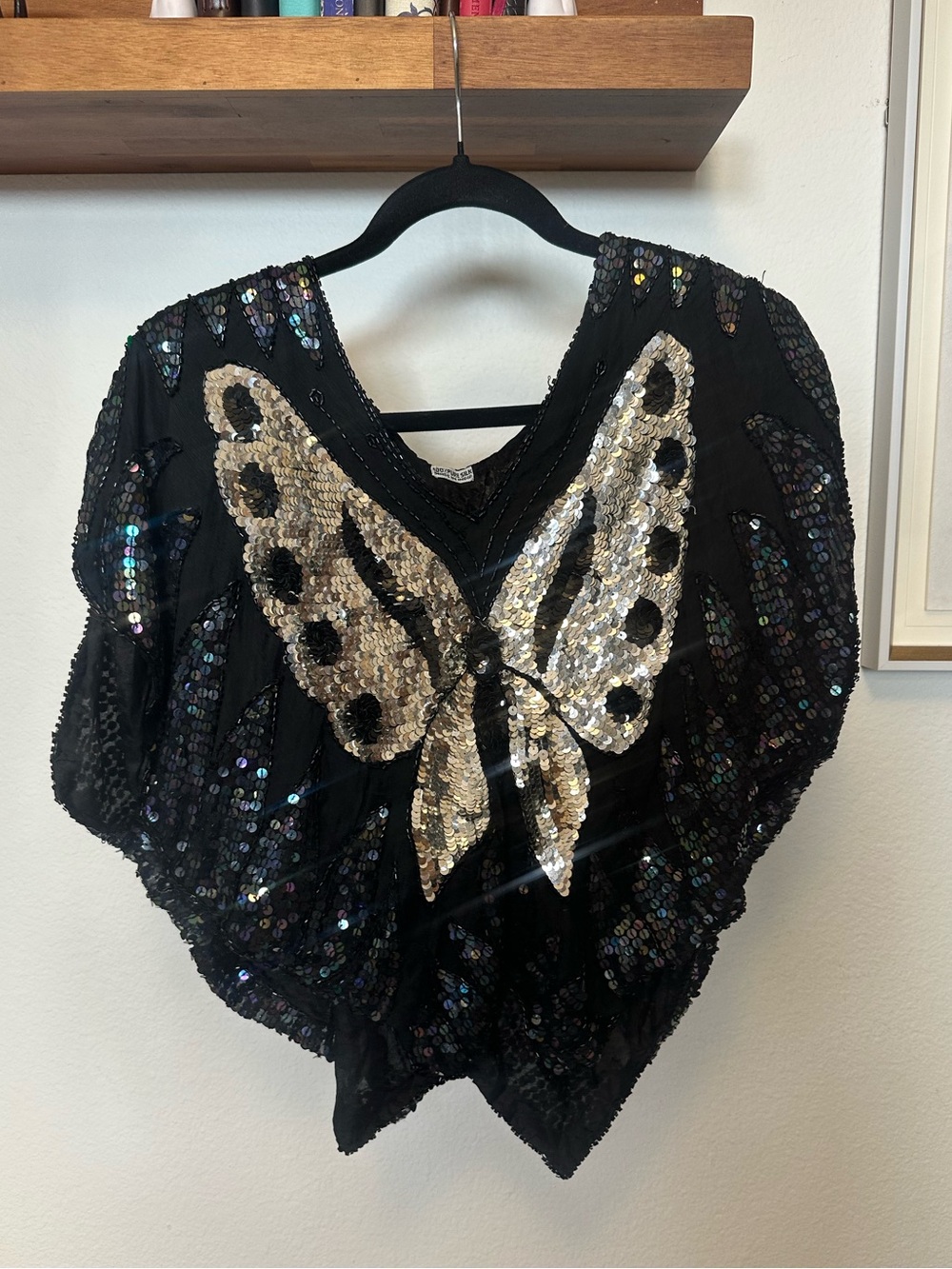Sequin Butterfly Black Top 100% Silk